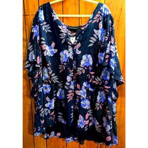 Lane Bryant Top Shirt Blouse Plus Size 38/40 7X Blue Floral Long Ruffle Sleeves